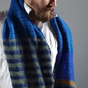 Hand Knit Striped Infinity Scarf, Cobalt Blue/Olive Multi